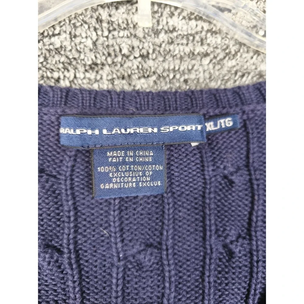 Ralph Lauren Sport Women's XL Navy Blue Pony Cable Knit Cotton Sweater V Neck - Picture 4 of 7
